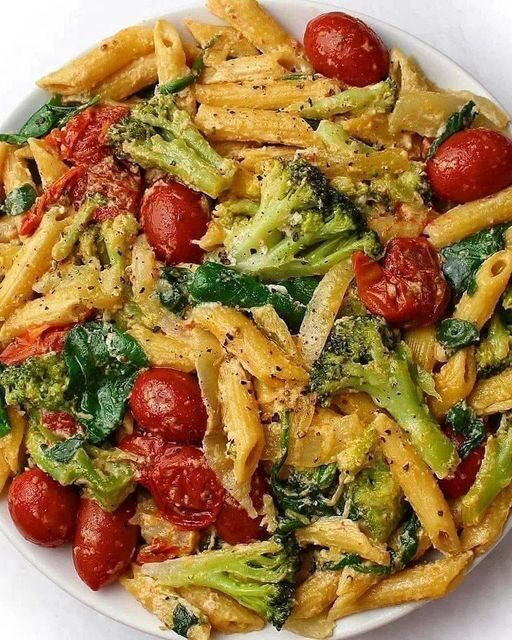 Vegan Cheesy Penne with Cherry Tomatoes, Spinach, and Broccoli