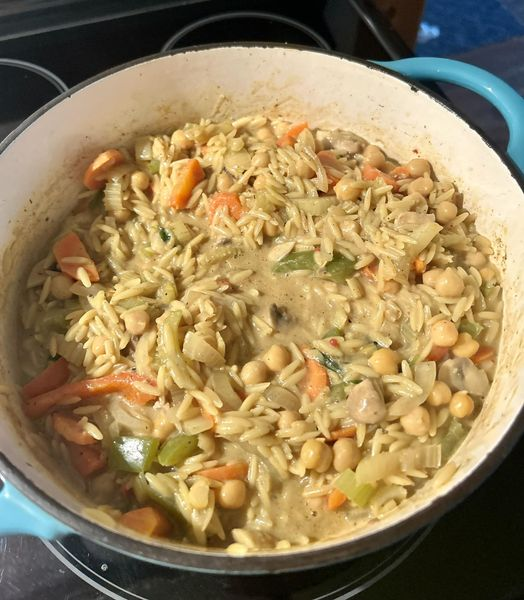 curried veggies, chickpeas and orzo pasta
