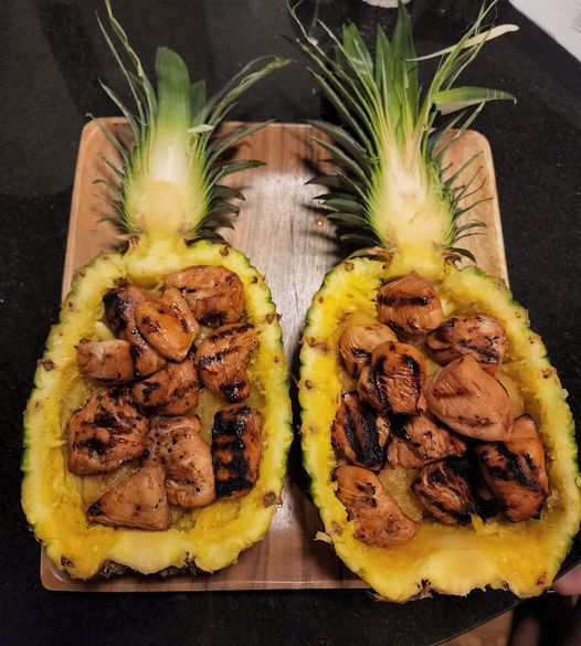 Grilled teriyaki chicken pineapple bowls.