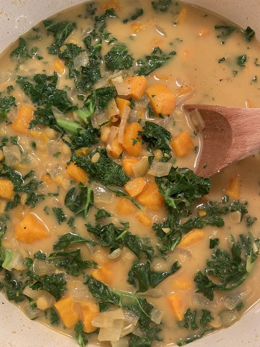 Vegan Ginger Sweet Potato & Coconut Milk Stew with Lentils and Kale