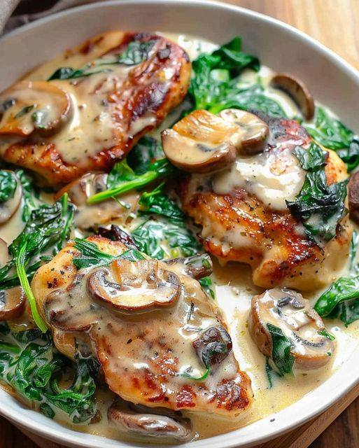 Chicken with Spinach and Mushrooms in Creamy Parmesan Sauce